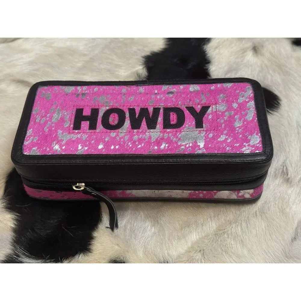 PINK Acid Wash HOWDY Hide & Leather Zip Travel Dresser Jewelry Box Cuff Case